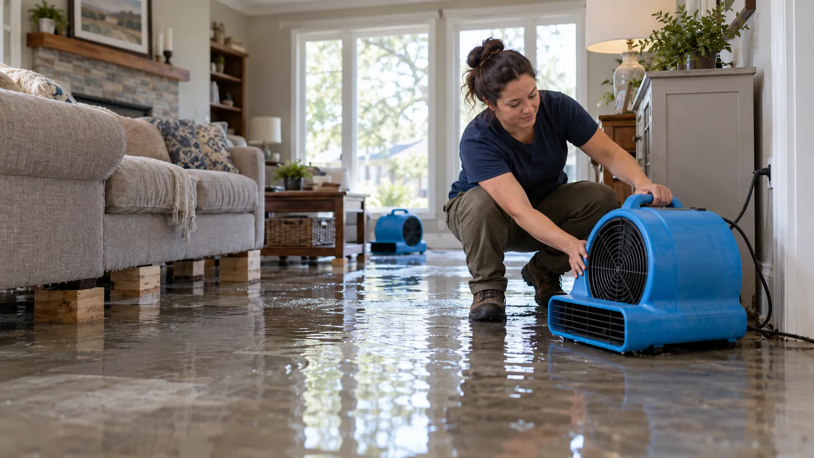 Water damage restoration technician drying a flooded living room in Seattle